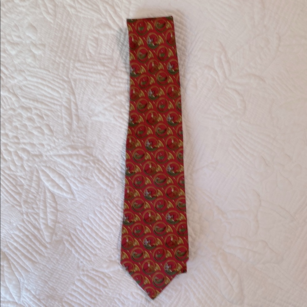 Salvatore Ferragamo Red Silk Tie with Trumpet and animal Pattern